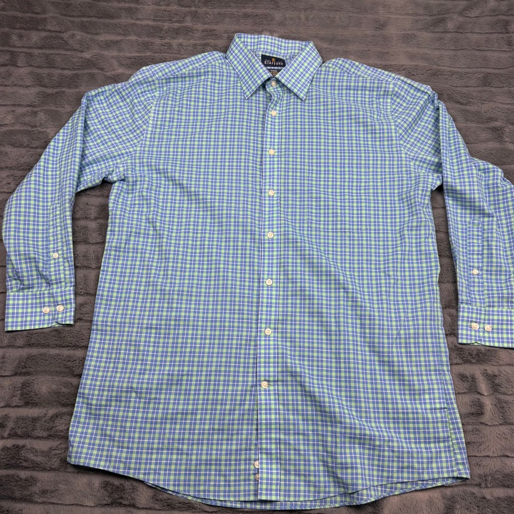 Stafford Travel Easy Care Broadcloth Plaid Shirt Mens 17 32-33 Fitted Blue Green